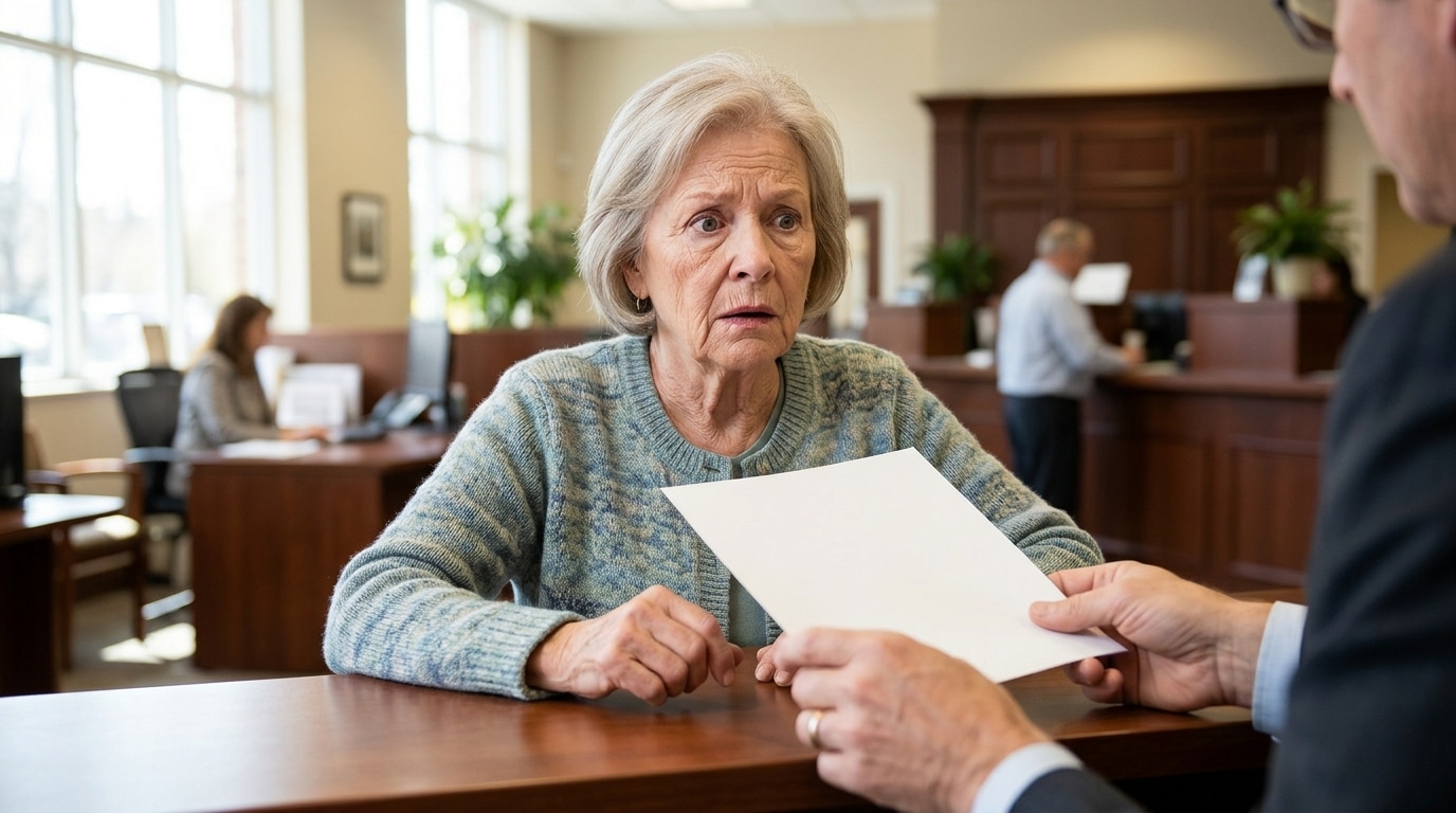 Retraitée inquiète face à un conseiller bancaire au guichet