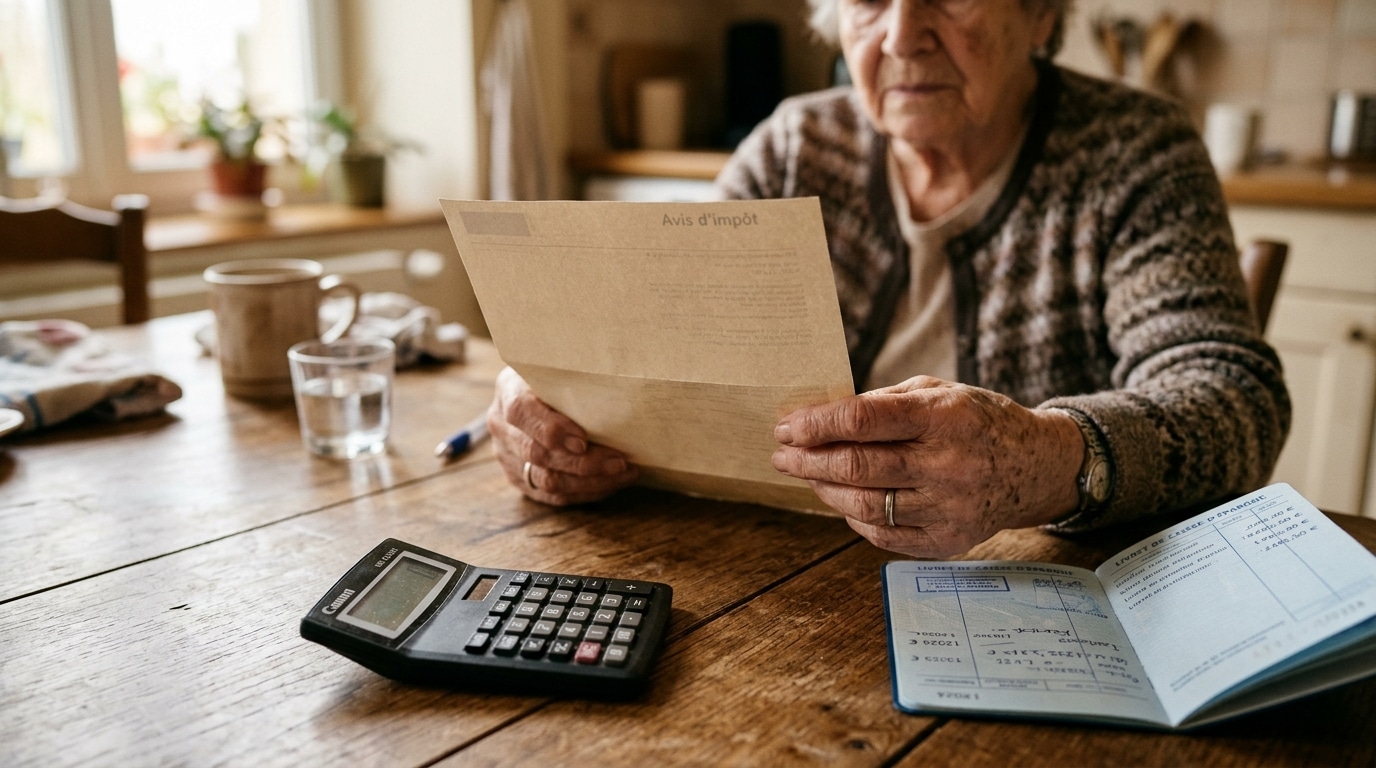 Mains de retraité tenant un avis d'imposition près d'une calculatrice