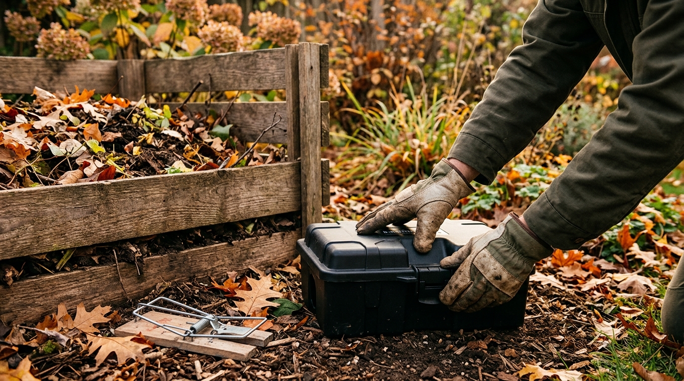 Mains gantées refermant une boîte d'appât près du compost