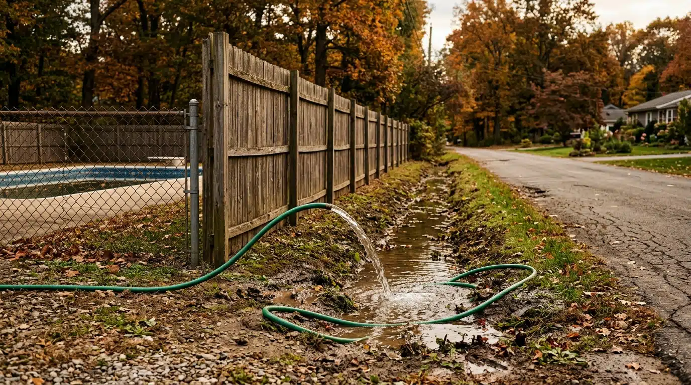 Tuyau de vidange de piscine déversant l'eau dans un fossé