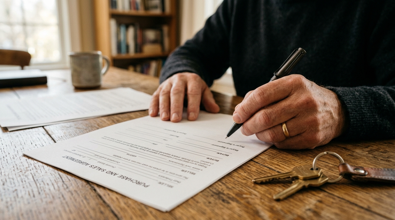 Mains tenant un stylo près d'un contrat et de clés