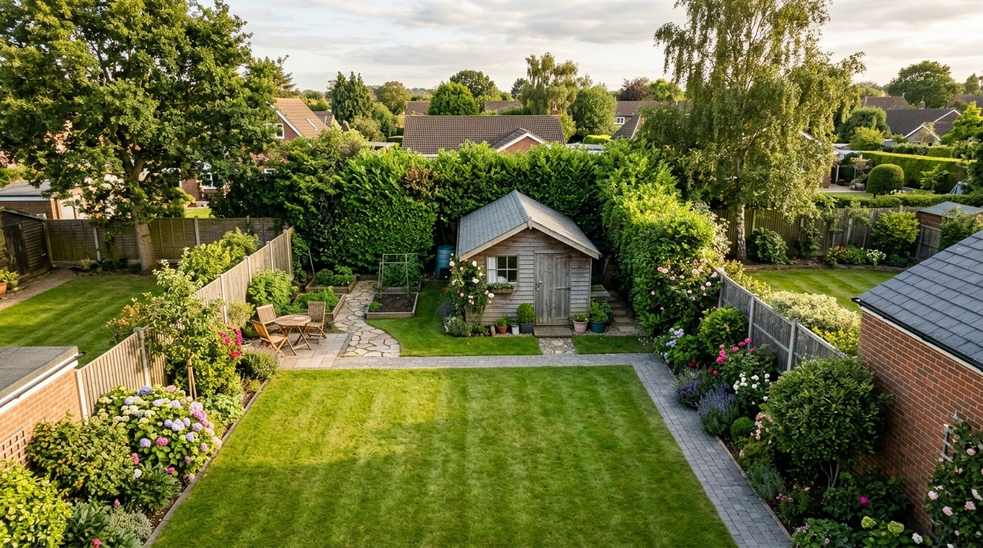 Vue aérienne d'un petit abri de jardin au fond d'un terrain