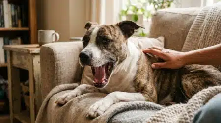 Chien bâillant sur un canapé pendant une caresse