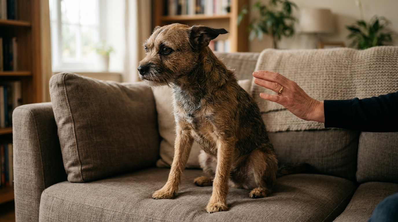 Chien raide aux oreilles en arrière sur le sofa