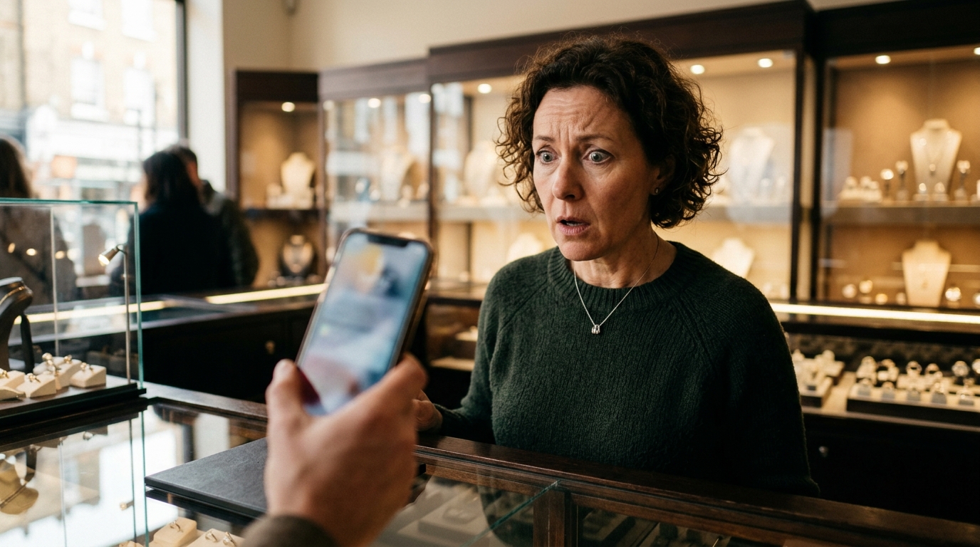 Commerçant stupéfait devant un téléphone tendu par un client