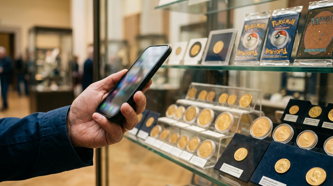 Main tendant un smartphone devant des pièces d'or et des cartes