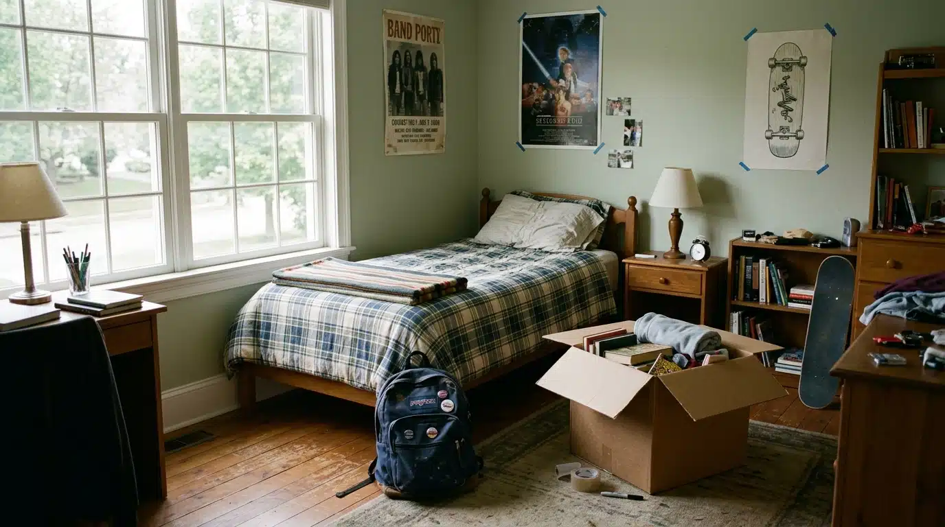 Chambre d'étudiant vide avec carton et sac à dos