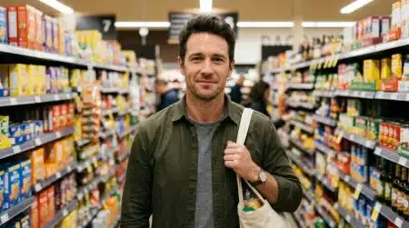 Homme pensif dans un rayon de supermarché
