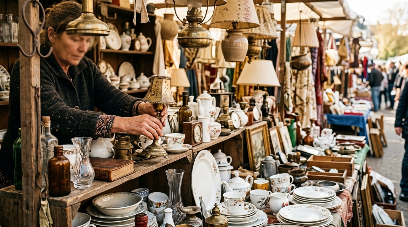 Étal de brocante avec objets anciens