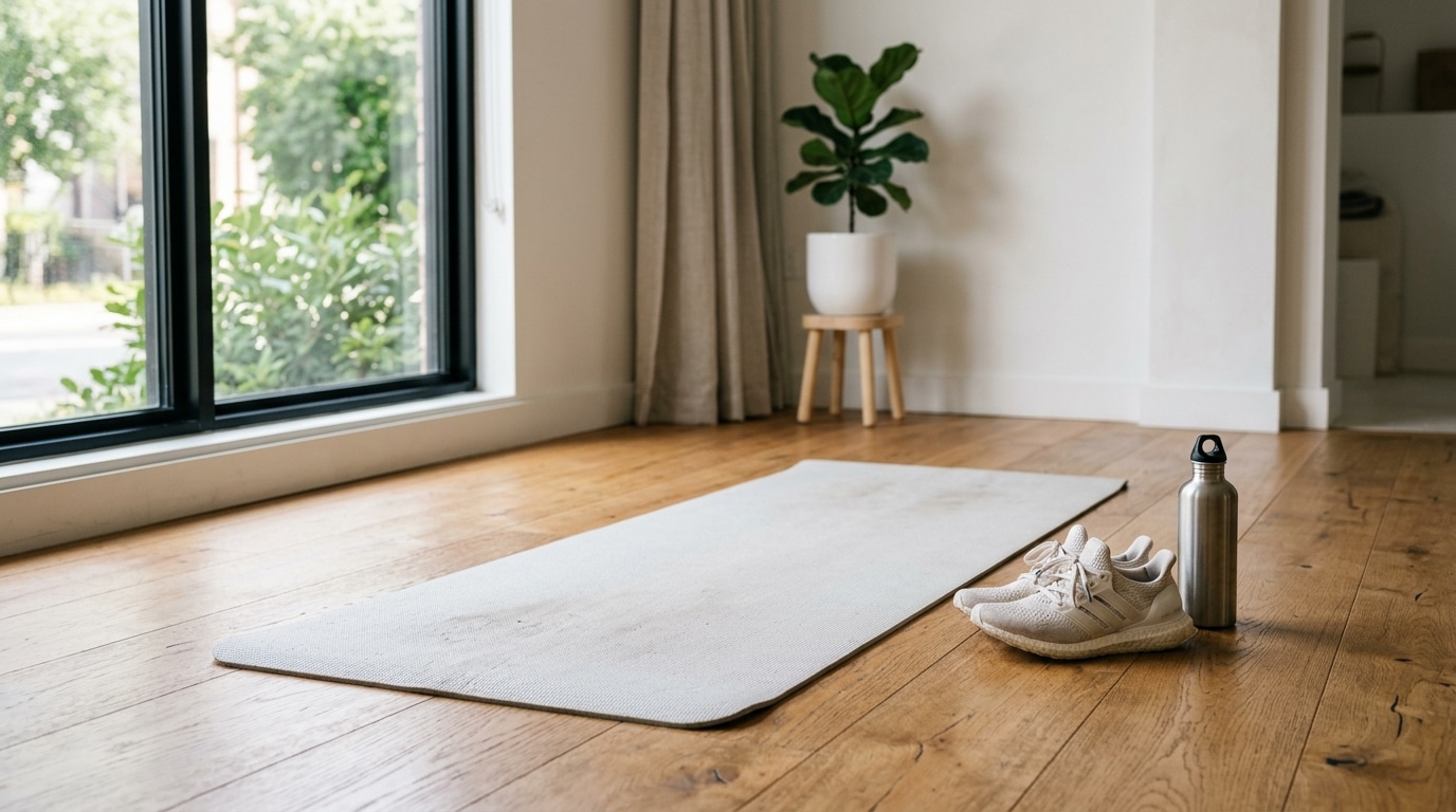 Tapis de sport près de baskets de course et d'une gourde