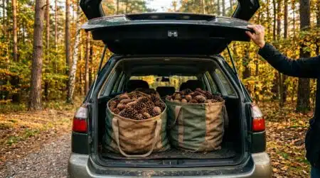 Coffre de voiture rempli de grands sacs de pommes de pin