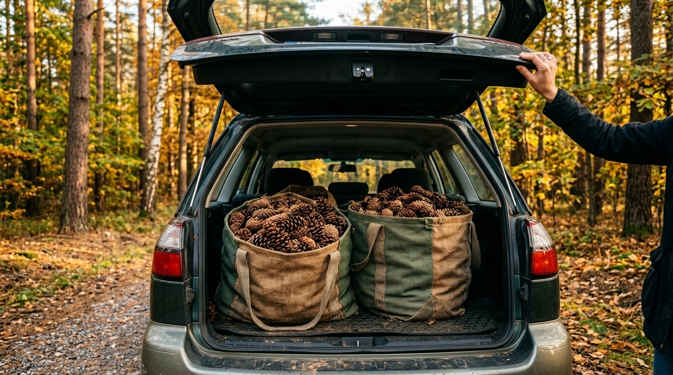 Coffre de voiture rempli de grands sacs de pommes de pin