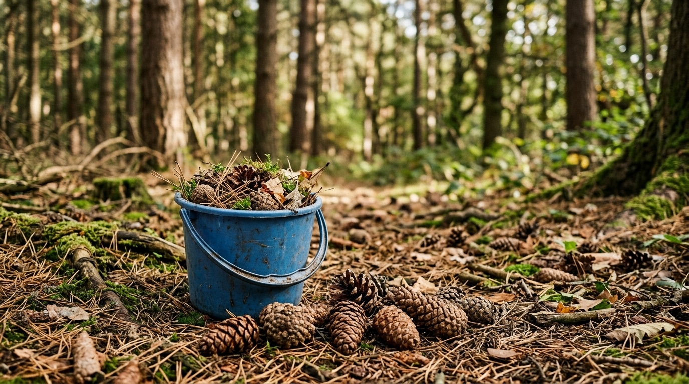 Seau de pommes de pin sur un sol de forêt