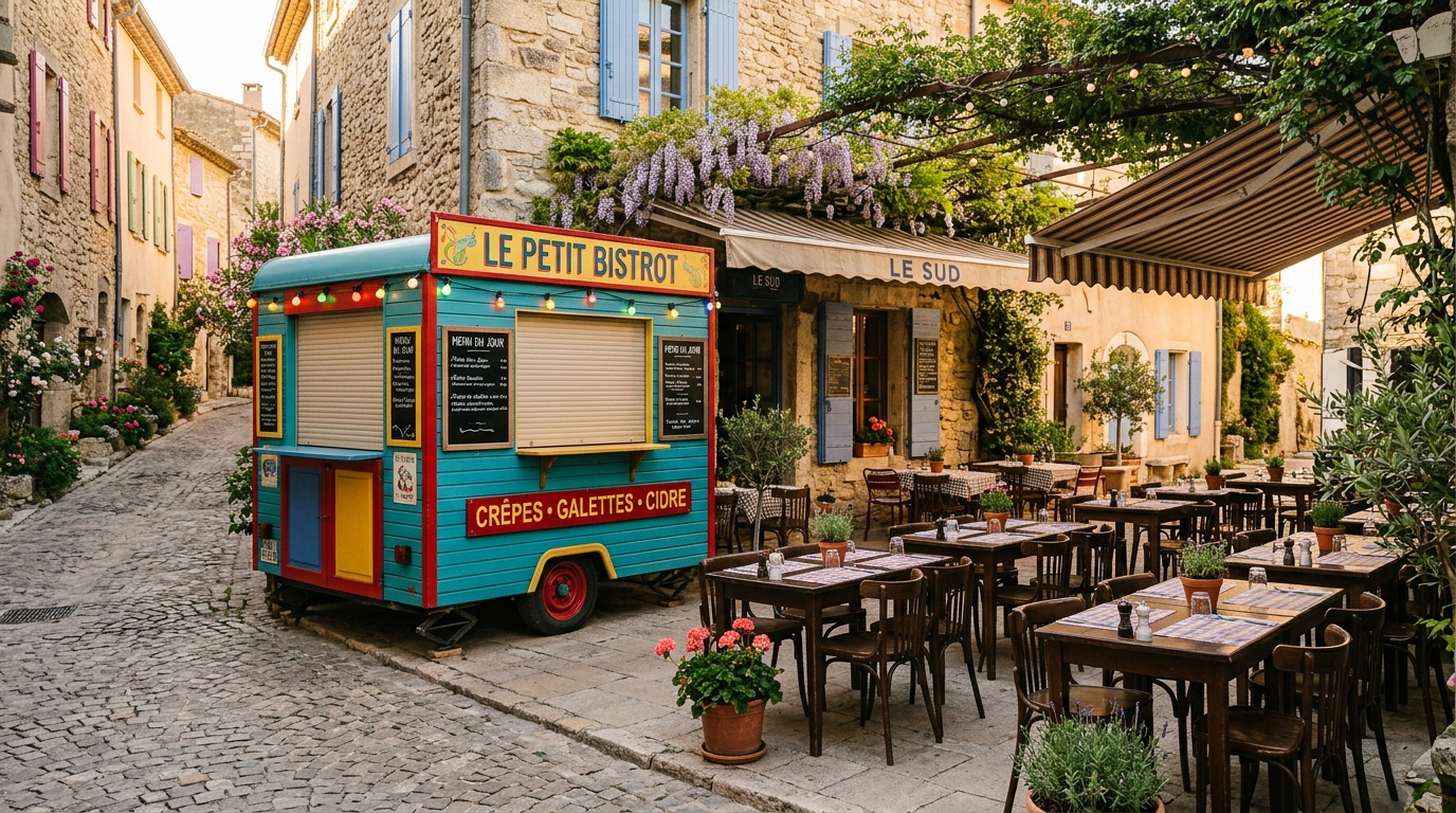 Food truck coloré devant une terrasse de restaurant