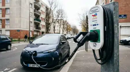 Câble de recharge branché sur une borne de rue