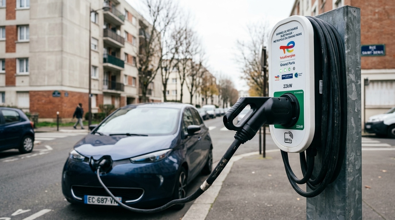 Câble de recharge branché sur une borne de rue
