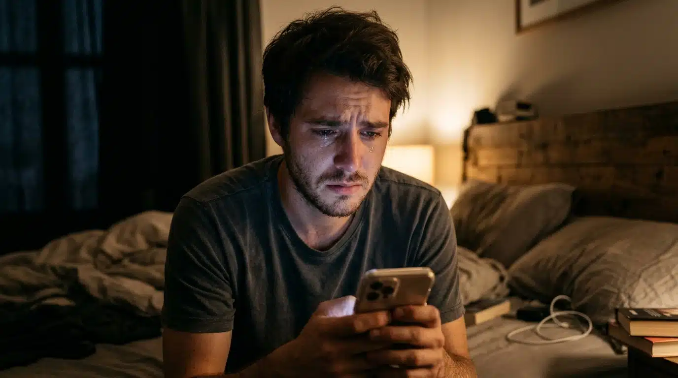 Jeune homme inquiet regardant son smartphone dans la pénombre