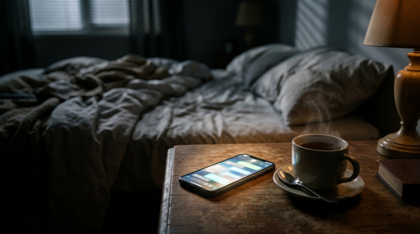 Smartphone allumé sur une table de chevet la nuit