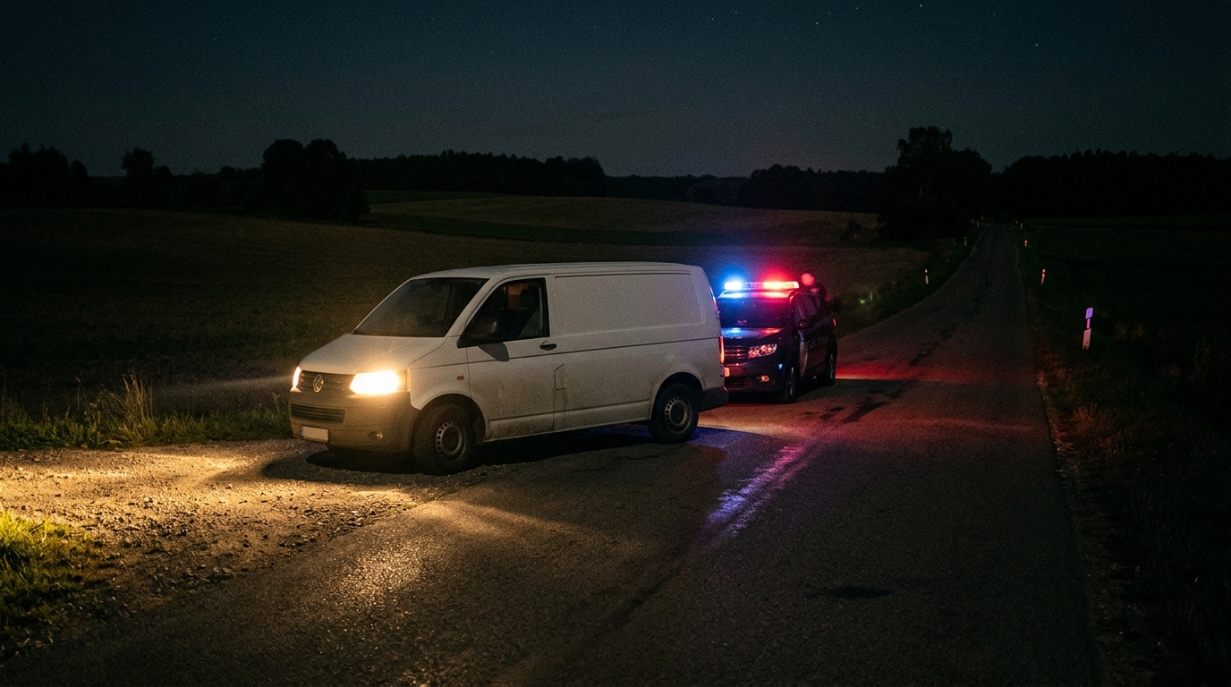 Fourgon blanc arrêté de nuit sur une route de campagne