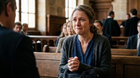 Femme aux yeux brillants de larmes sur un banc de tribunal