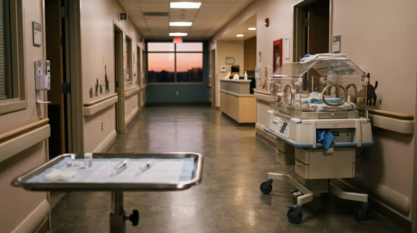 Couloir d'hôpital pédiatrique avec berceau vide et plateau médical