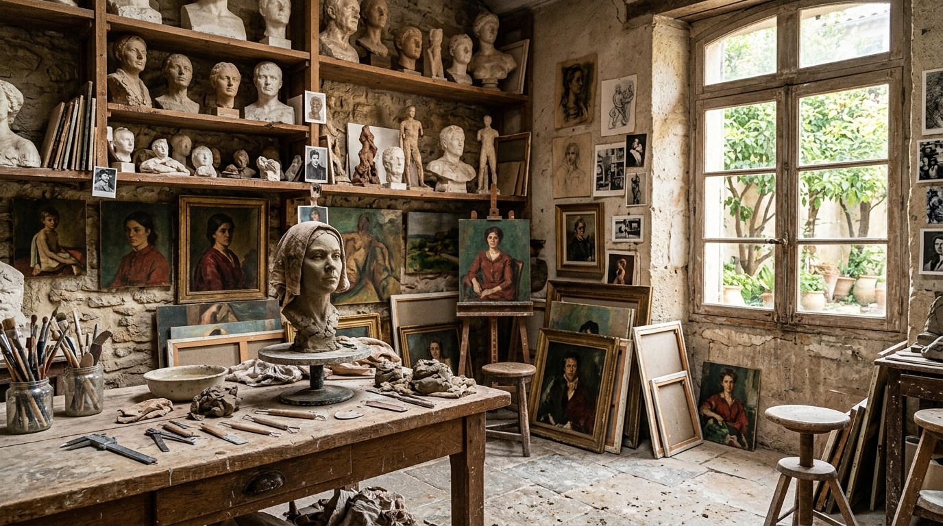 Atelier de sculpteur avec bustes en argile et en plâtre sur des étagères en bois