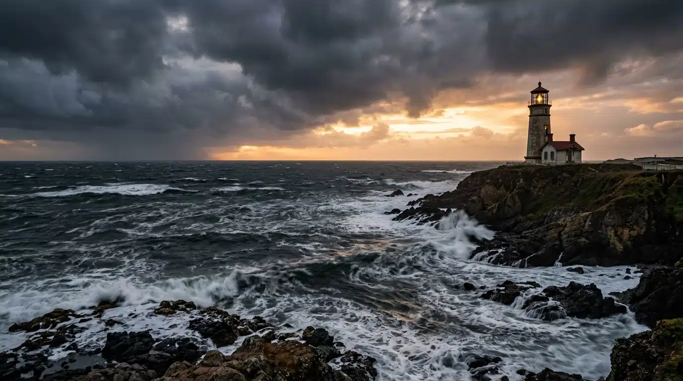 Océan Pacifique agité sous des nuages d'orage sombres