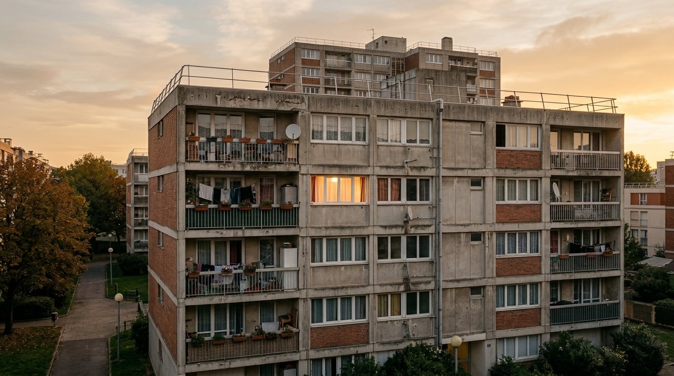 Immeuble de logements sociaux au soleil couchant en banlieue