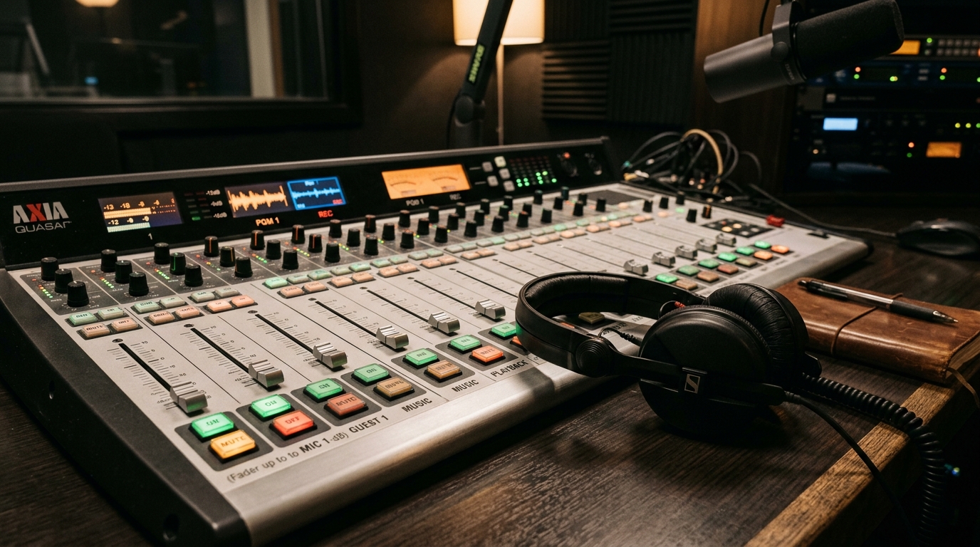 Console de mixage de studio radio et casque posé