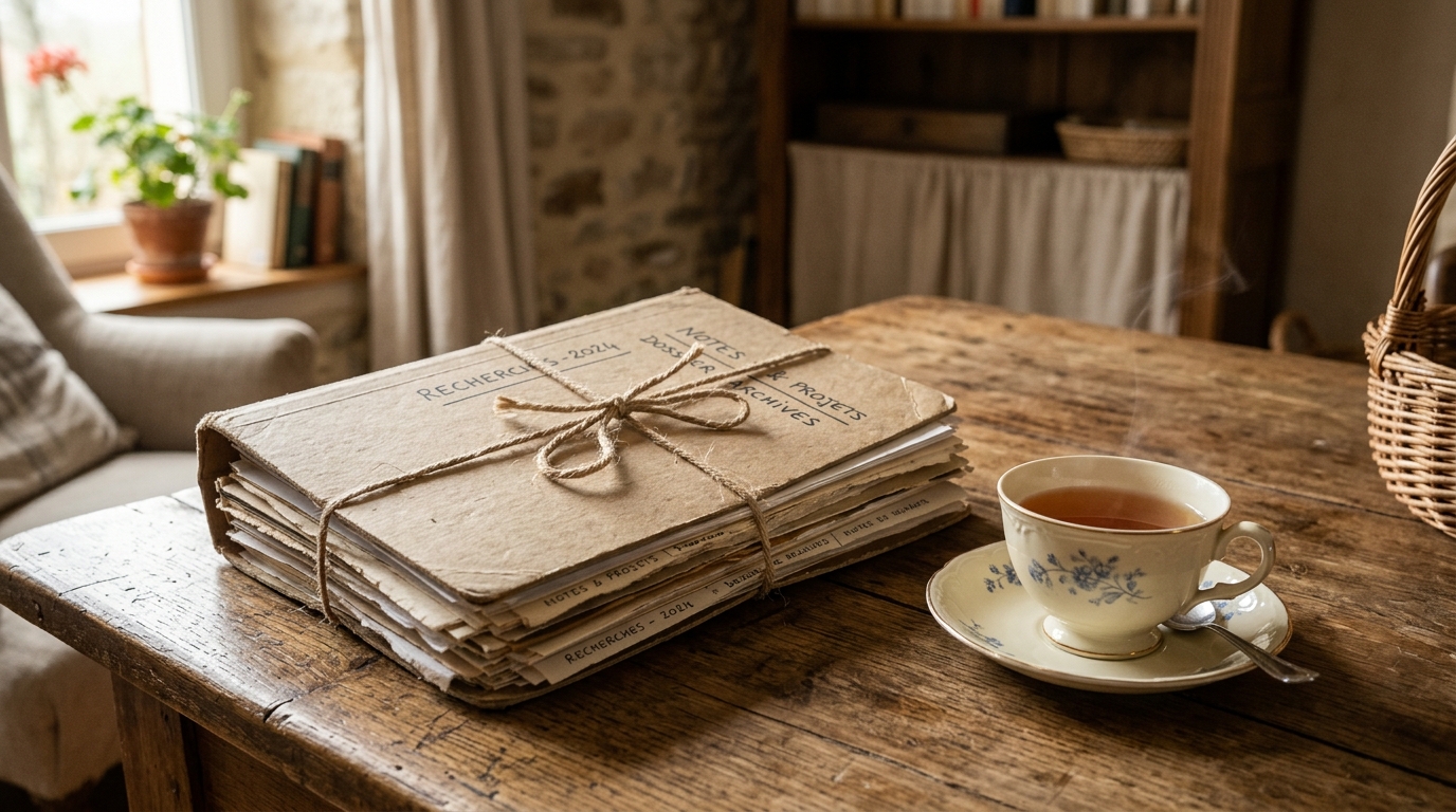 Dossier de papiers soigneusement ficelé posé près d'une tasse de thé