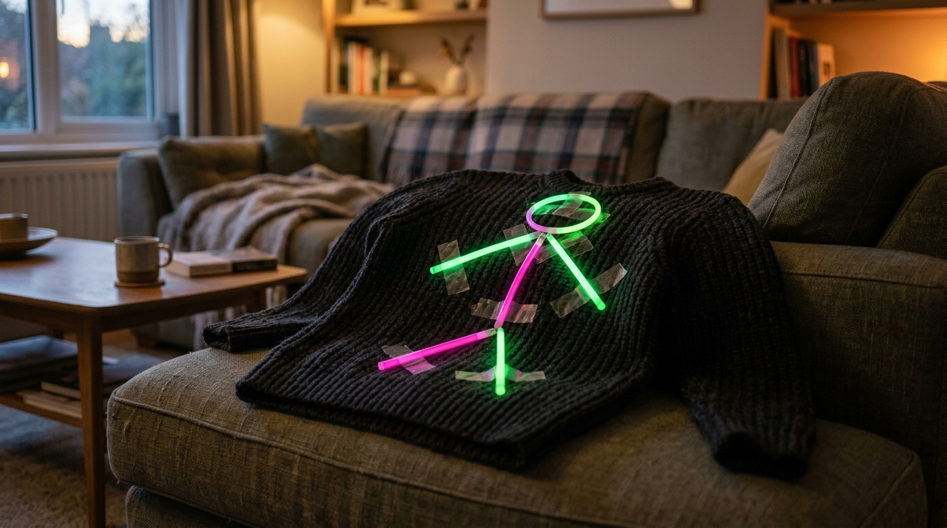 Pull sombre orné de bâtons lumineux fluo dans un salon