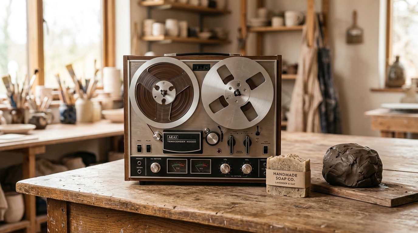 Magnétophone ancien posé près de savons artisanaux et d'argile sur une table en bois