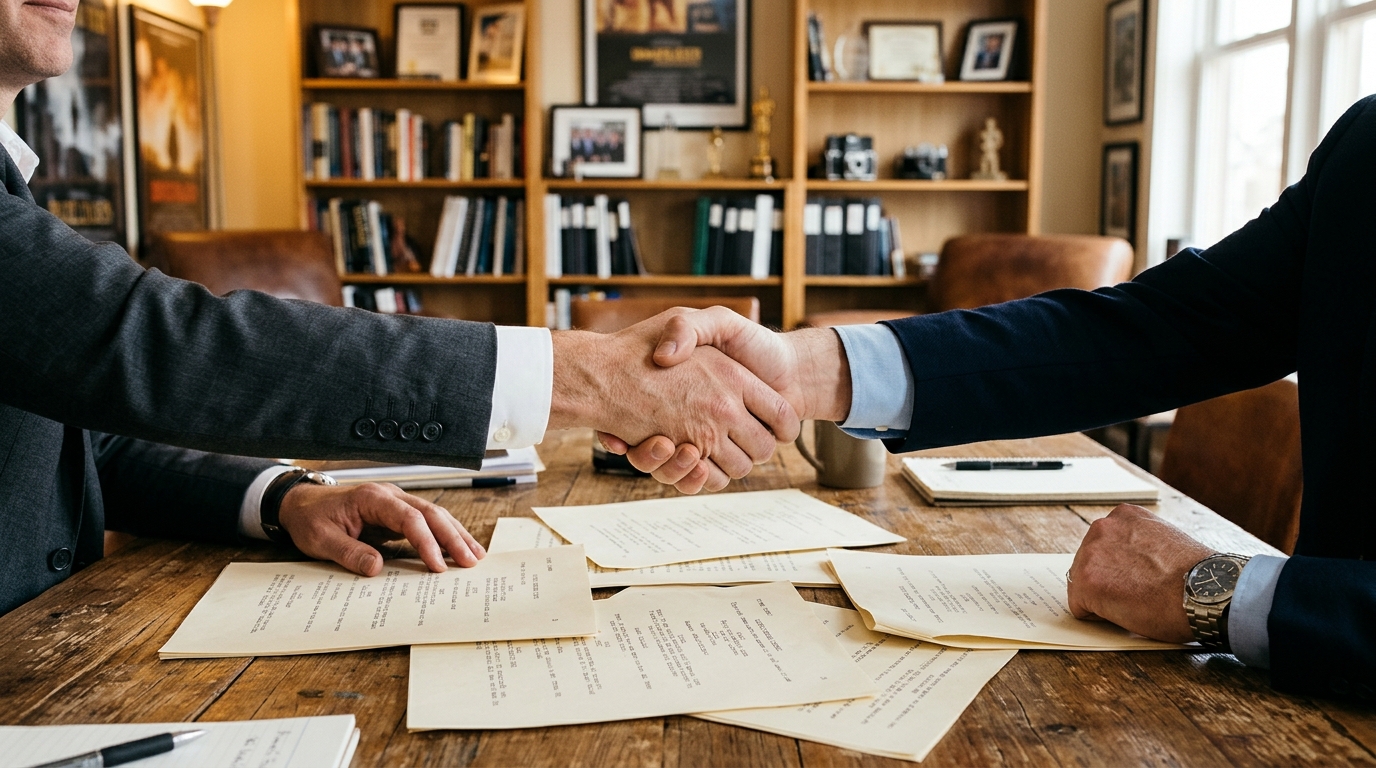 Poignée de main au-dessus d'une table couverte de scénarios