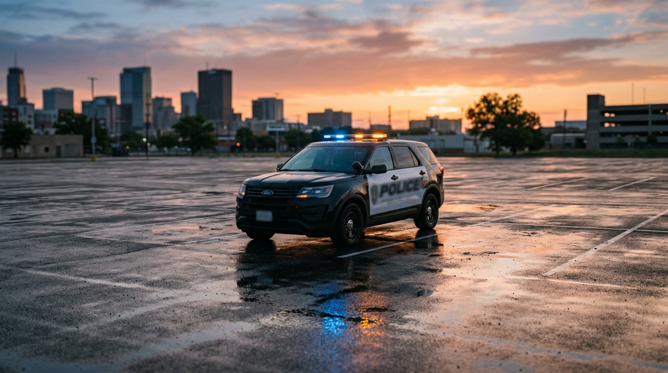 Voiture de police sur un parking urbain à l'aube