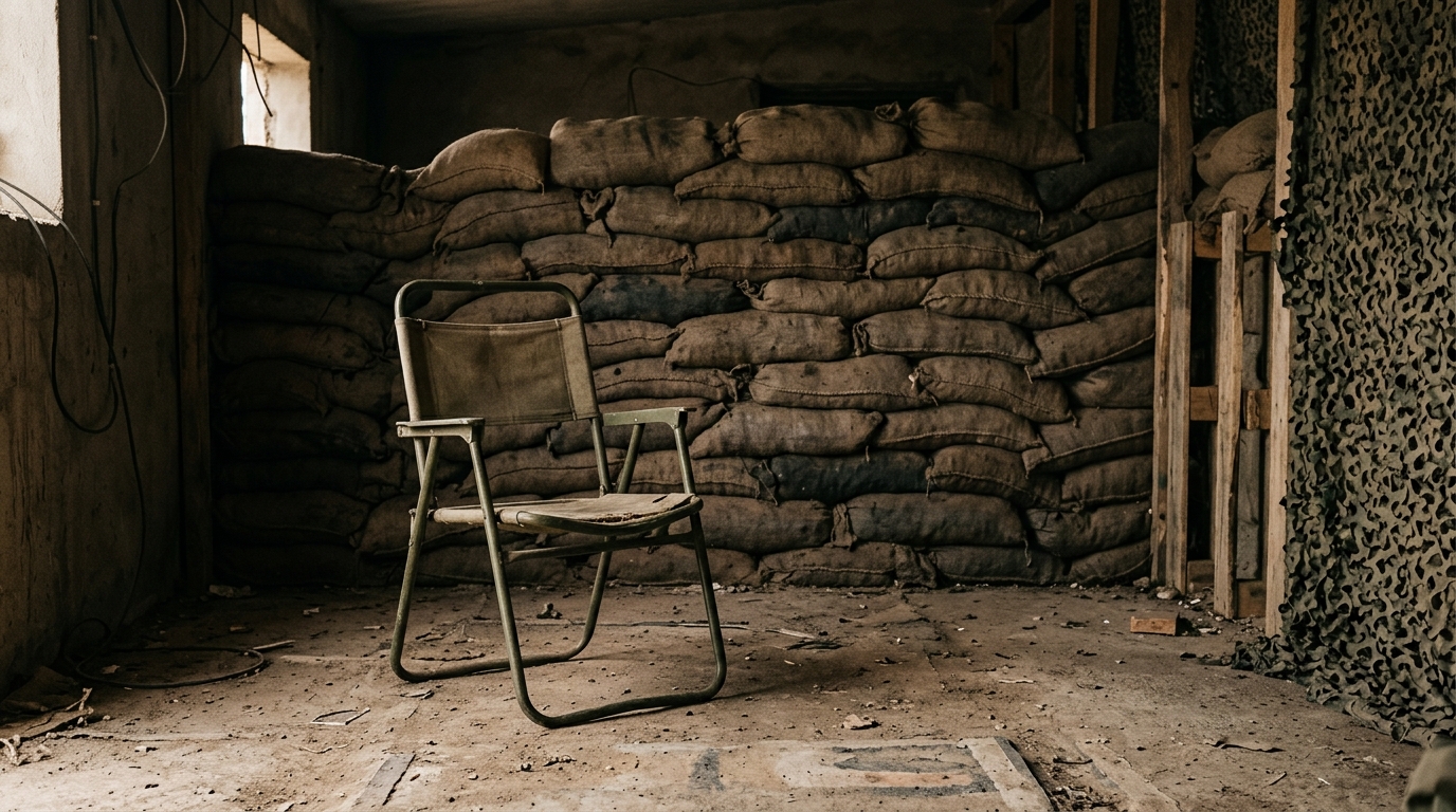 Chaise vide devant un mur de sacs de sable