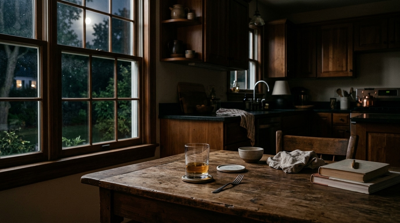 Cuisine plongée dans la pénombre, verre sur la table