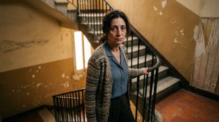 Habitant fatigué et inquiet dans une cage d'escalier d'immeuble