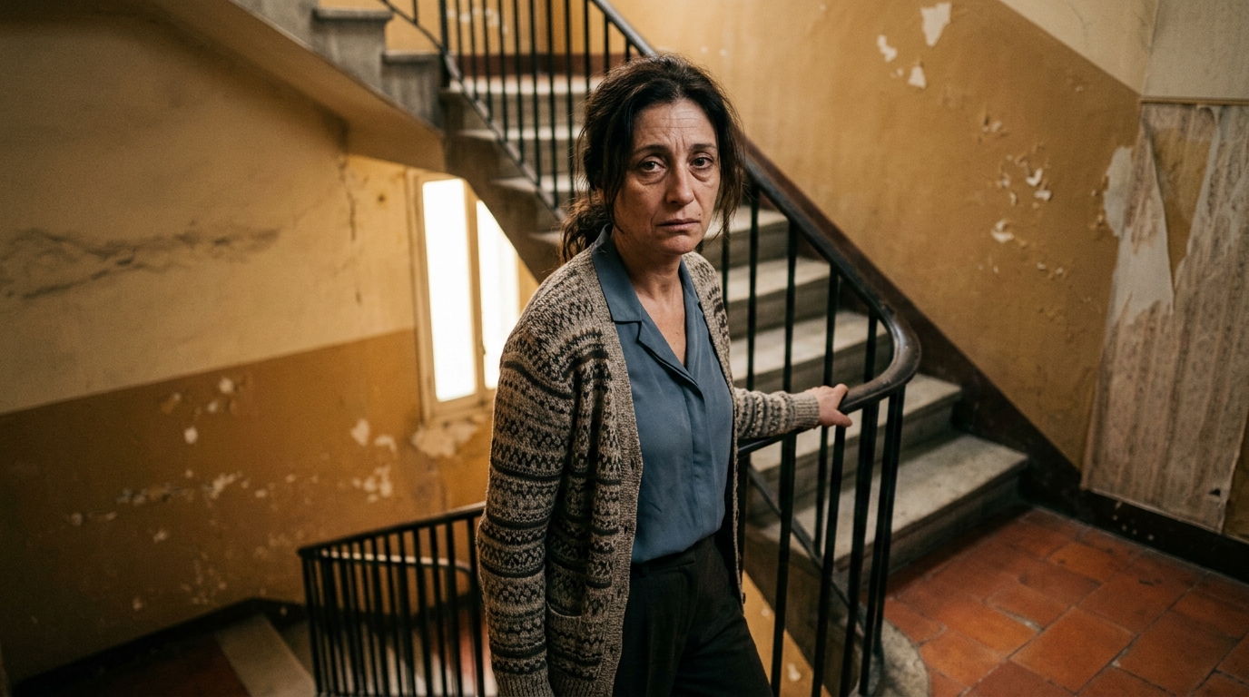 Habitant fatigué et inquiet dans une cage d'escalier d'immeuble