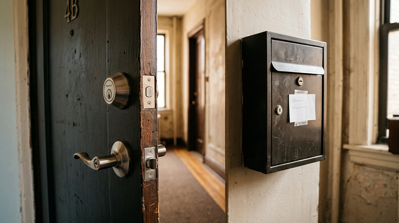 Serrure neuve sur une porte et boîte aux lettres d'immeuble