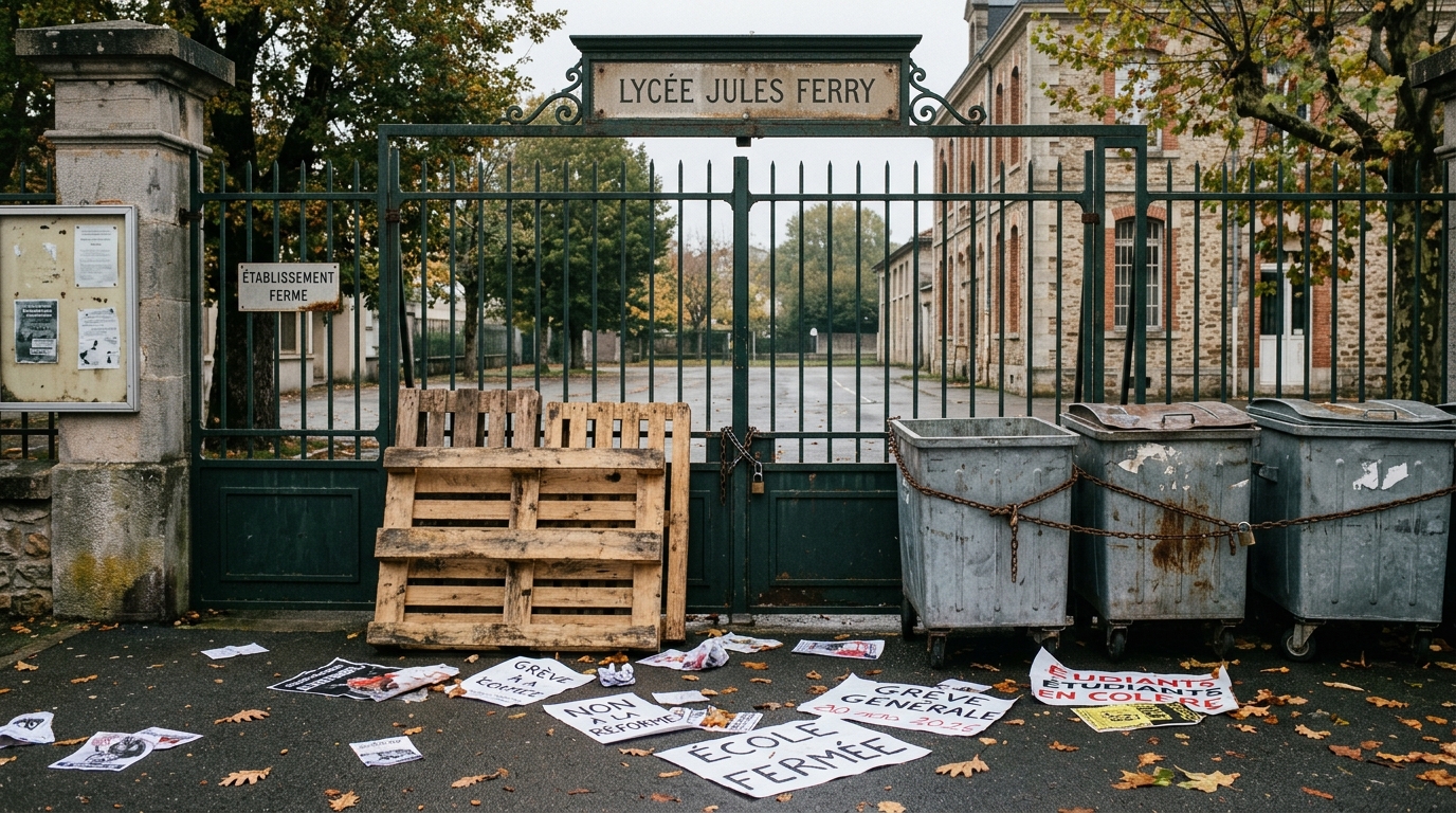 Grille d'un établissement scolaire bloquée par des poubelles enchaînées lors d'un blocus lycéen