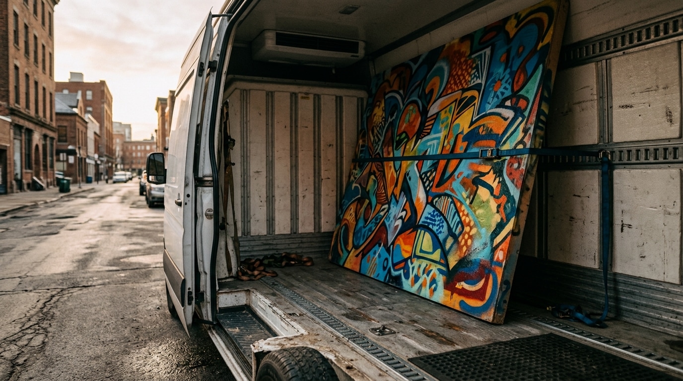 Grande fresque de street art chargée dans un camion
