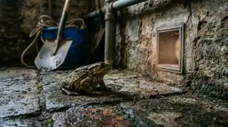 Gros crapaud immobile sur le sol d'une cave humide