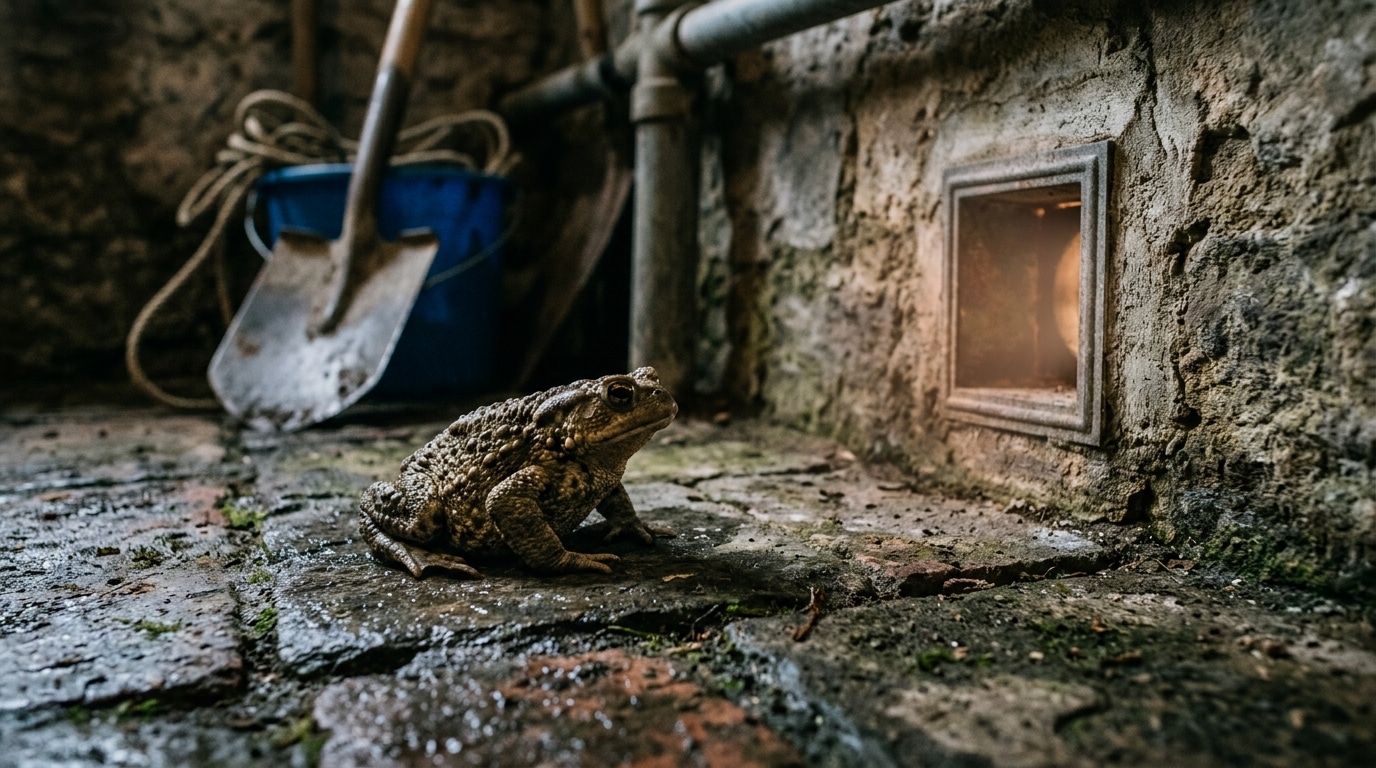 Gros crapaud immobile sur le sol d'une cave humide