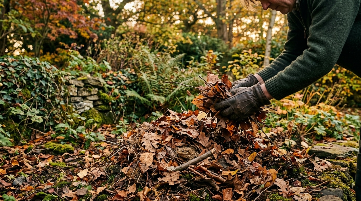 Tas de feuilles et branches servant d'abri au jardin