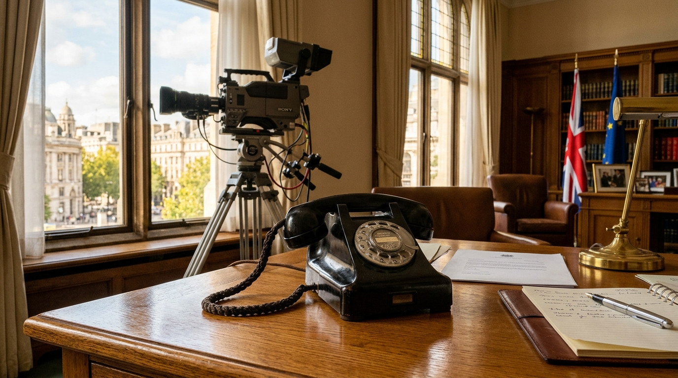 Téléphone ancien sur un bureau officiel, caméra de télévision en arrière-plan