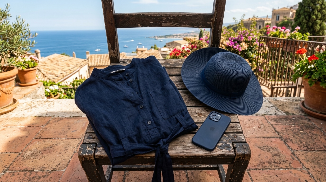 Tenue sombre et chapeau posés sur une chaise en terrasse