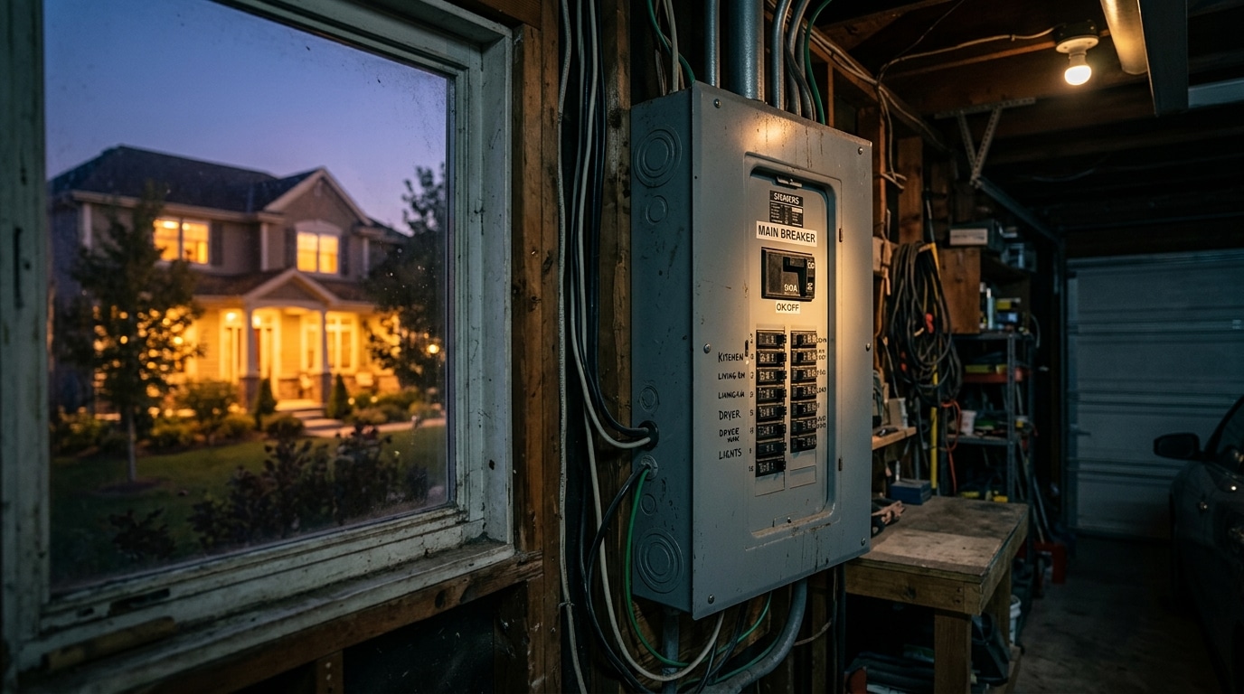 Tableau électrique dans un garage sombre, villa illuminée en arrière-plan, évoquant la menace de couper le courant