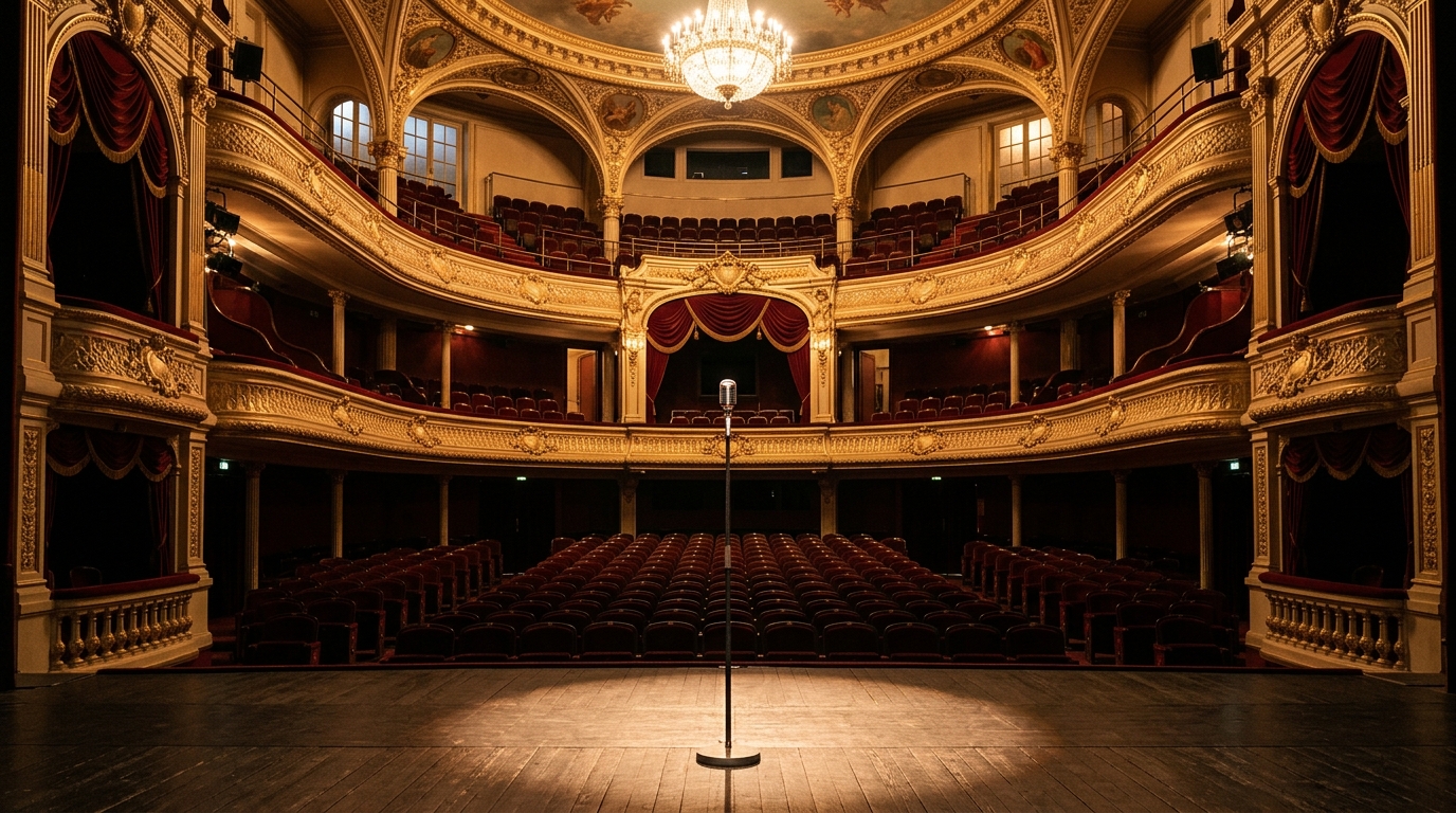 Salle de spectacle parisienne vide avec micro sur pied
