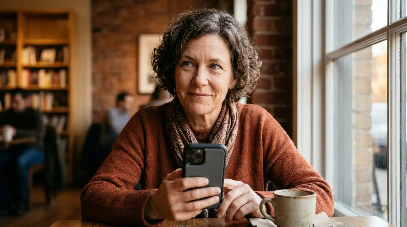 Visage pensif hésitant devant un smartphone en soirée d'automne