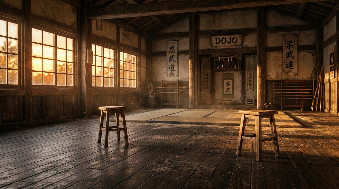 Décor rétro de film d'action des années 80 avec deux tabourets espacés dans un dojo baigné de lumière chaude